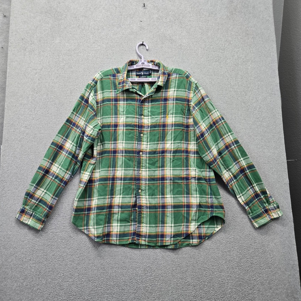 VINTAGE Ralph Lauren Men Button Up Shirt XXL Green Embroidered Plaid Flannel
